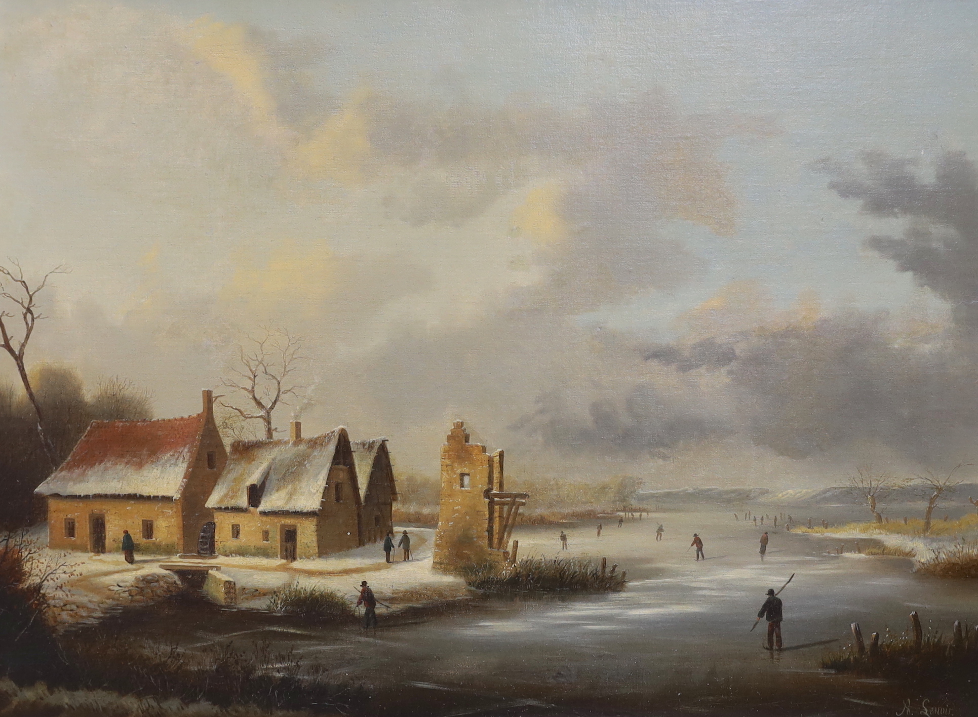 Albert Alexandre Lenoir (French, 1801-1891), pair of oils, Winter lake scenes with figures skating, signed, 67 x 51cm